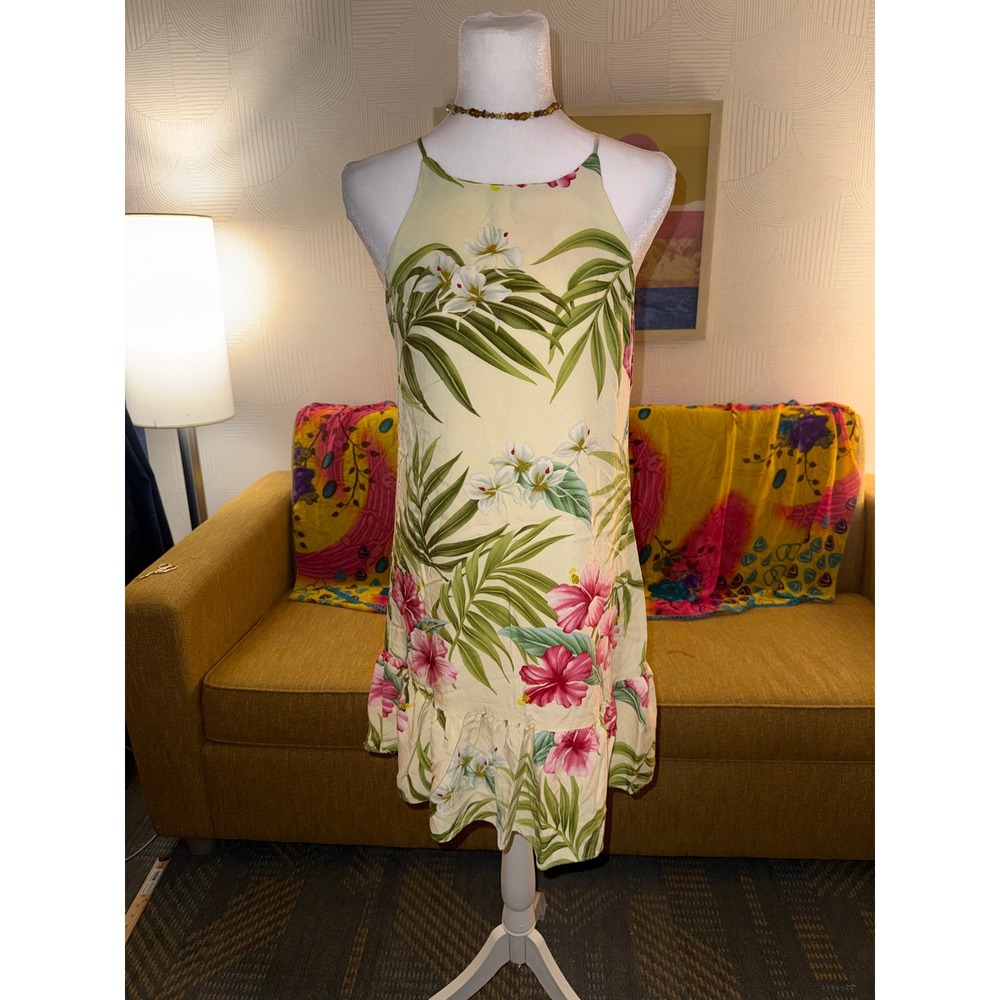 Puanani Hawaii‎ Floral Hibiscus Ruffle Hem Shift Dress Yellow Pink Small W1870